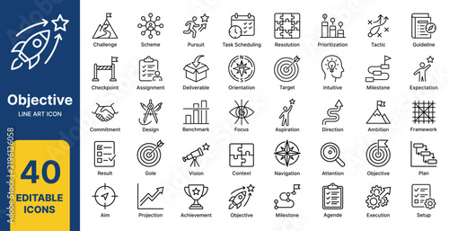 objective line editable icons. Containing objective, target, goal, focus, priority, strategy, purpose, milestone, achievement, Vector illustration icon collection