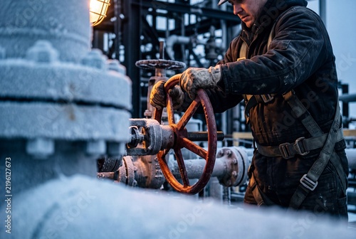 Industrial oil and gas worker turns a pipeline valve during extreme winter freezing weather conditions