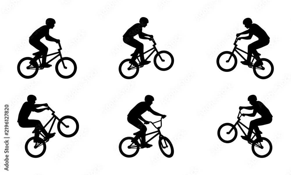 Fototapeta premium Black BMX cyclists silhouettes, dynamic action poses, graphic design