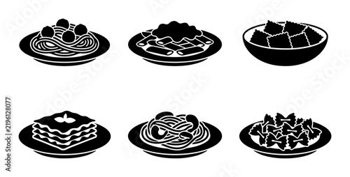 Black and white pasta icons, graphic style, food design