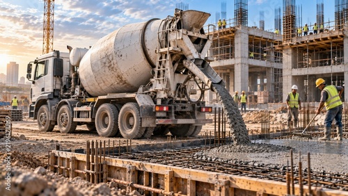 White cement mixer truck pouring fresh concrete into foundation rebar frame at urban building construction site.