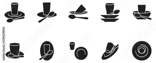 Abstract tea glass shape compilation with distinct plates and spoons for graphic design resources.