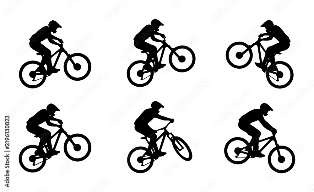 Fototapeta premium Black silhouettes of cyclists performing stunts, graphic elements