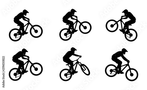 Black silhouettes of cyclists performing stunts, graphic elements