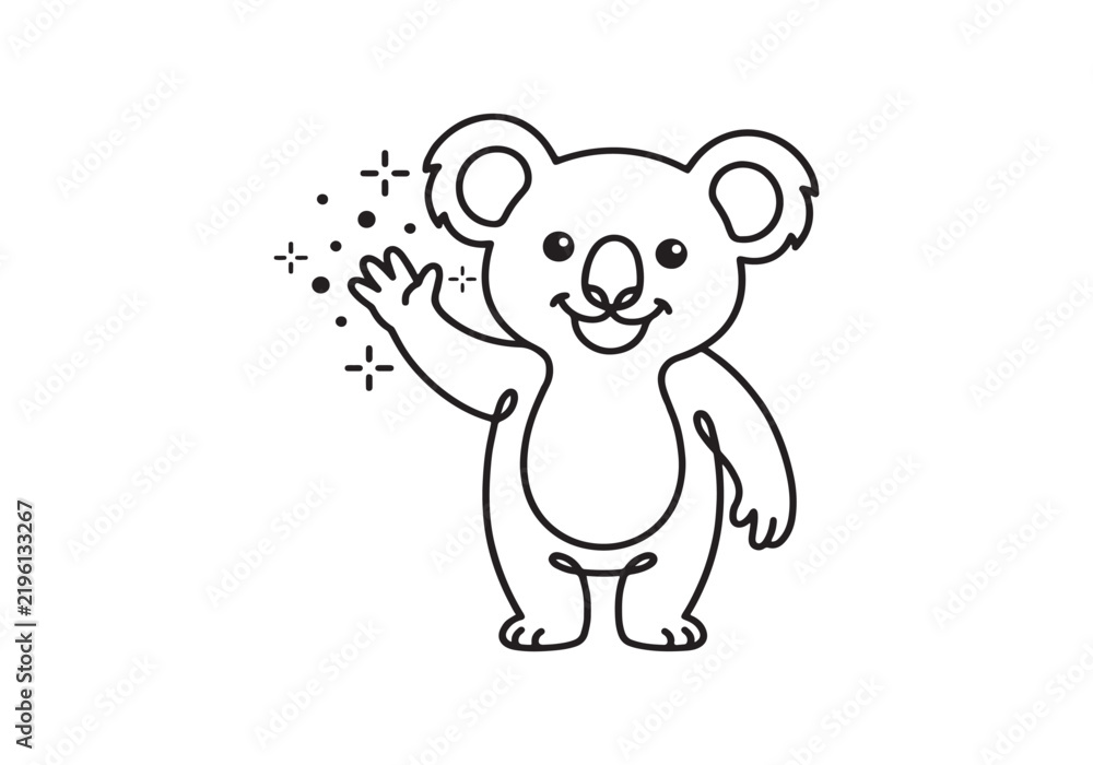 Fototapeta premium Minimalist Line Art Koala Illustration Featuring a Friendly Waving Gesture with Sparkling Stars for Creative Animal Themed Graphic Design Projects