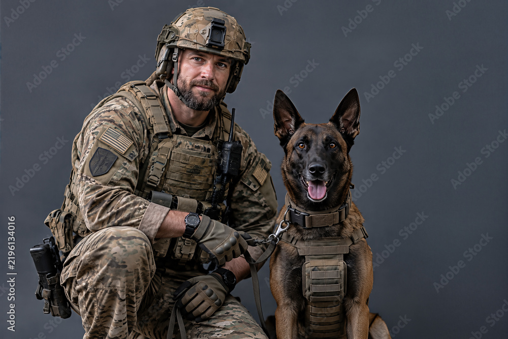 Fototapeta premium A soldier and his military working dog stand before a colored backdrop