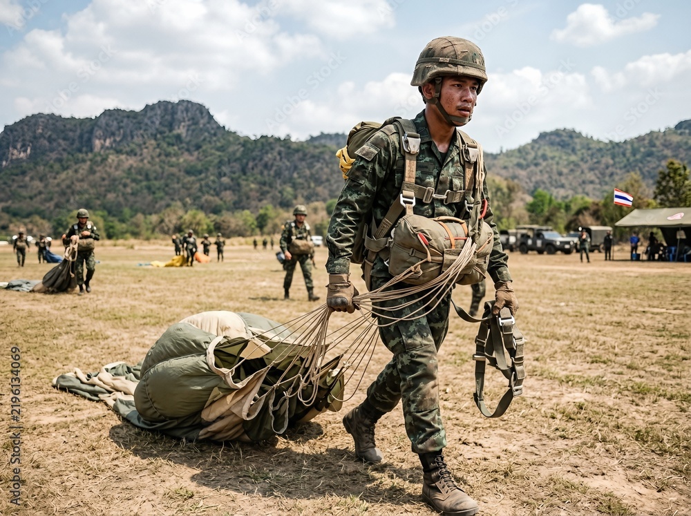 Obraz premium On March cadets trained in parachuting at the Ban Tha Duea Drop Zone in Lopburi, Thailand