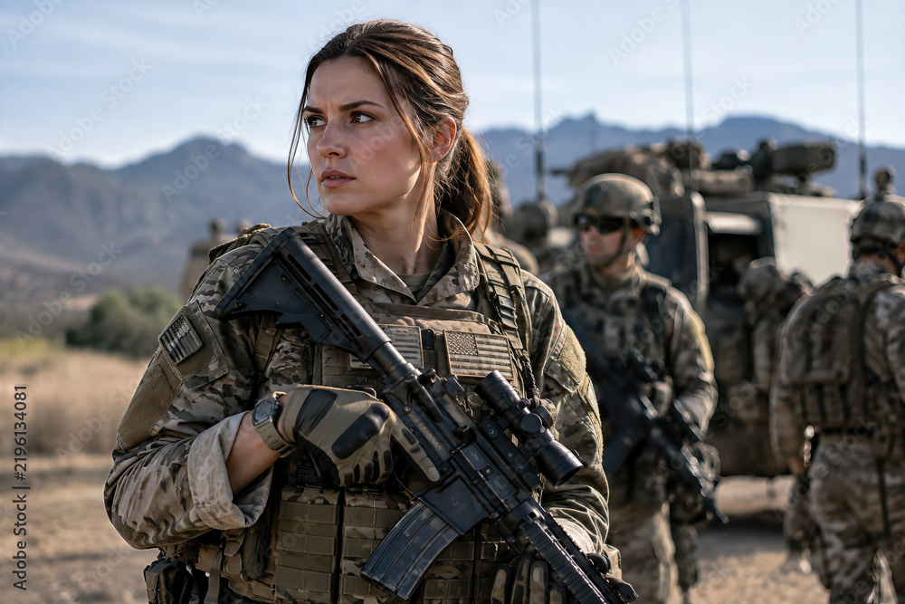 Fototapeta premium A female soldier carrying a rifle