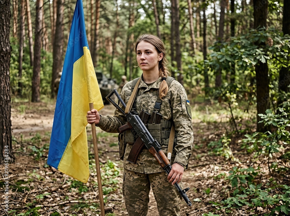 Obraz premium In a forest, a girl in a military uniform holds a weapon and the Ukrainian flag, amid the War of