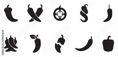 Chili pepper vector icons in black silhouettes set for hot food packaging and spicy recipes design.