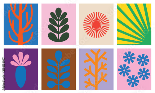 Vibrant collection of abstract botanical illustrations with bright flat colors showcasing geometric flowers in a grid.