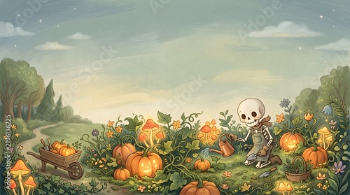 Whimsical Halloween Illustration of Skeleton Watering Glowing Jack O Lantern Pumpkins