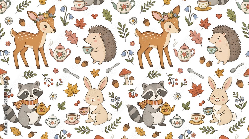 Fototapeta premium Seamless pattern featuring cute woodland creatures enjoying a tea party with little deer hedgehog raccoon and rabbit drinking hot beverages surrounded by forest foliage leaves and acorns in