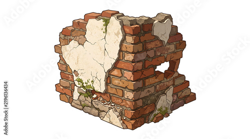 Weathered brick wall remnant with peeling white plaster and green moss, depicting decay and historical ruin for vintage or architectural designs.