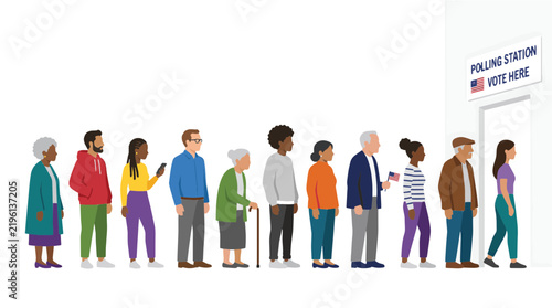 Diverse group of citizens entering a polling station door to vote
