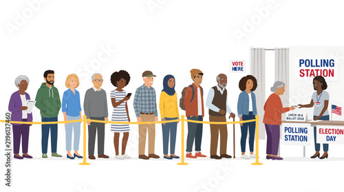 Voters in queue behind a stanchion rope waiting to check in at polling station