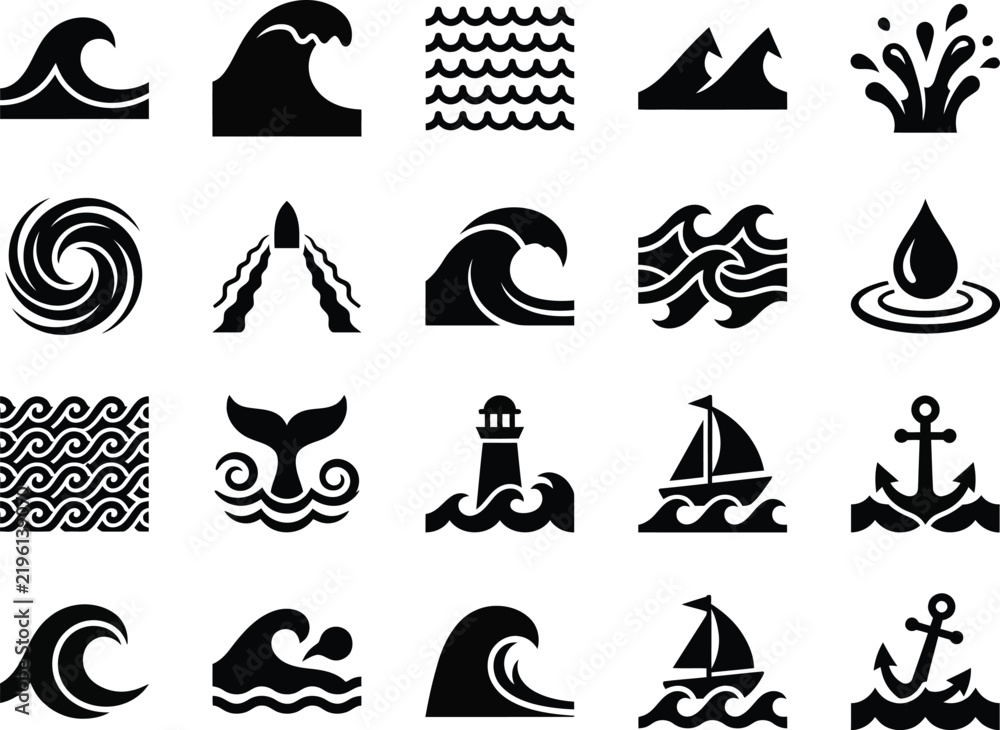 Fototapeta premium Set of black and white nautical and ocean wave vector icons