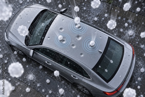 Top view of silver sedan suffering roof dents and damage from large falling hail stones during extreme weather hail storm.