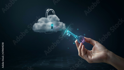 Holographic key unlocking cloud padlock in cybersecurity concept