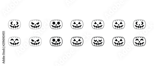 Set of small black jack-o-lantern pumpkin faces in various expressions for halloween with halloween jackolantern silhouette illustration seasonal