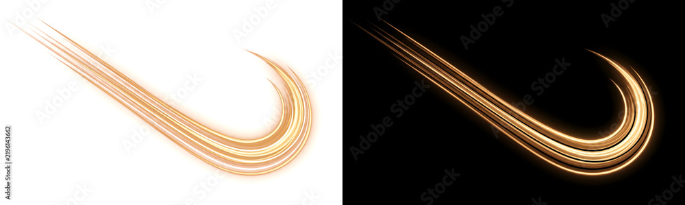 Obraz premium Golden light streaks curve into a bold hook shaped swoosh for dynamic sports and technology designs with PNG, Transparent and Black Background Versions