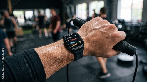 Close up of a man wearing a fitness tracker while exercising with a jump rope in a gym.