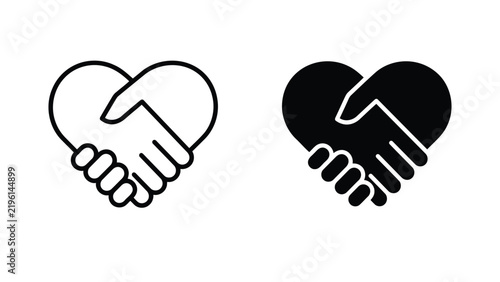 Two hands shaking forming a heart shape, outline and solid black icon set