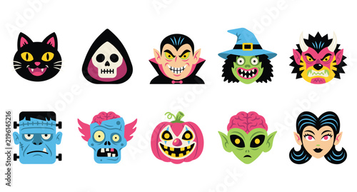 Set of ten colorful halloween monster character heads and spooky creatures with halloween decor black cat halloween character creature collection