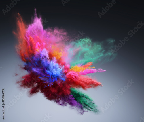 Explosion of red, pink, green and blue powder