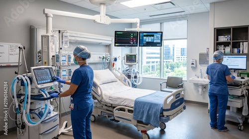 Medical professionals working in a modern hospital intensive care unit room with advanced technology.