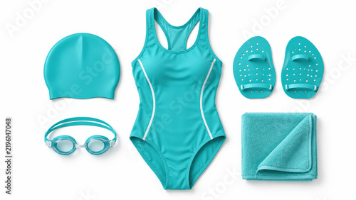 Turquoise swimming gear and swimsuit flat lay set. Cyan swim equipment including one piece swimsuit cap goggles hand paddles and towel on white background