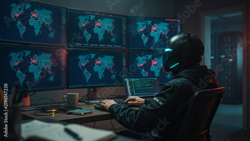 Moody hacker in glowing mask monitoring global cyber attacks on multiple screens