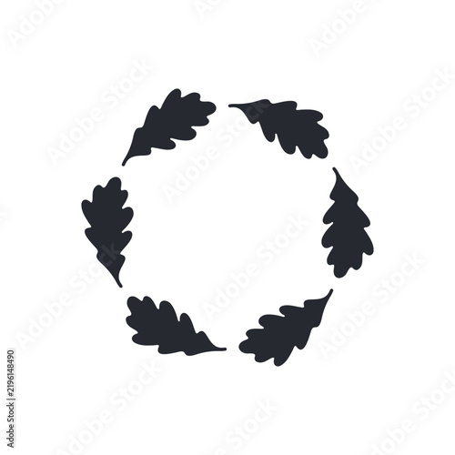 Minimal circular wreath made of six stylized oak leaves, symbolizing nature, strength and tradition. Suitable for emblems, decorative graphics, botanical design and classic ornamental elements.