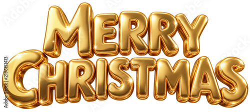 Golden Merry Christmas 3D text lettering in glossy foil balloon style isolated on transparent png background cut out