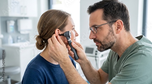 Male doctor examining a female patient's ear with an otoscope in a medical clinic setting.