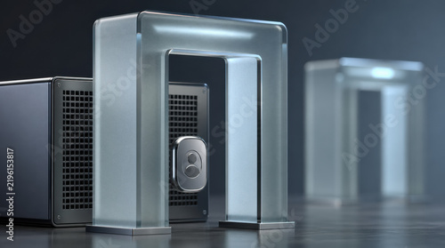 Frosted glass security gateway beside compact computer tower in modern interior with reflective floor and blurred architectural background