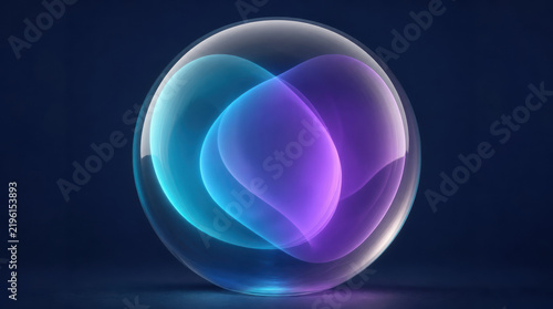 Transparent sphere containing two broad overlapping translucent forms in blue and purple light, creating futuristic abstract composition on dark background