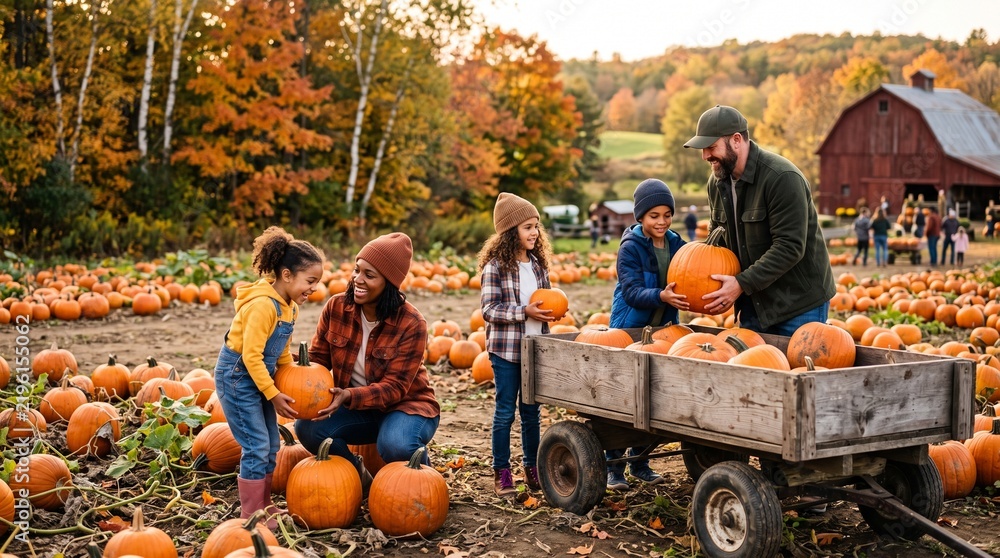 Obraz premium Happy family picking pumpkins together at a farm during the autumn harvest season.