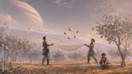 Obraz na płótnie Farmers catching ripe fruit floating above an orchard in gentle gravity; an imag
