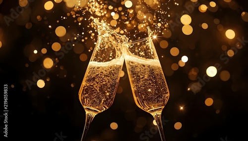 Two champagne flutes clinking together in a celebratory toast with splashes and golden bokeh lights background.