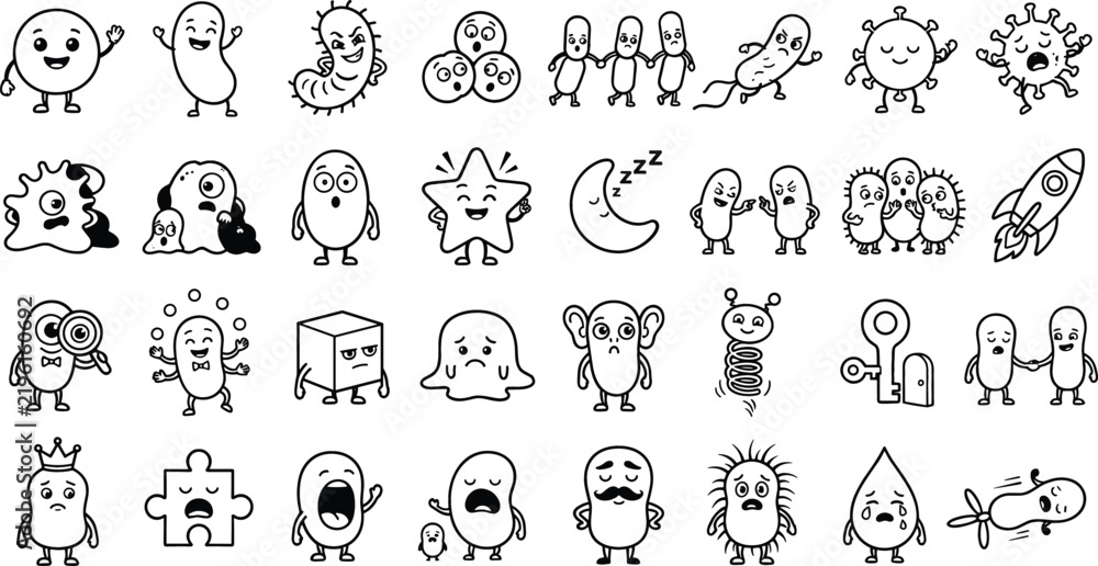Obraz premium Cute microorganism character collection featuring friendly germs, bacteria, cells, microbes, emotions, science concepts, and playful educational illustrations