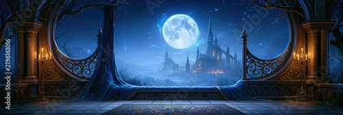 Fantasy castle under a full moon at night