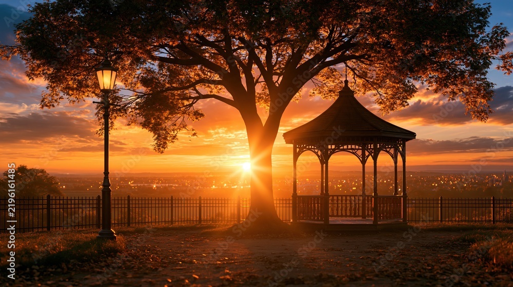 Obraz premium Gazebo and lamp post at sunset with city view