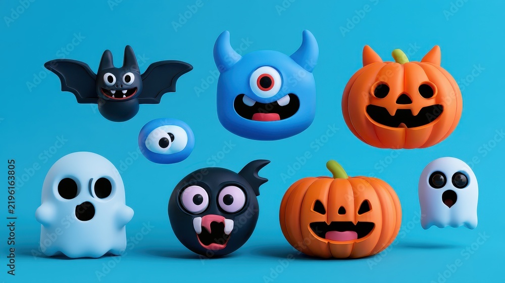 Obraz premium Cute Halloween clipart, expressive monster faces, bats, pumpkins and ghosts, bright studio background, 3D render illustration. 