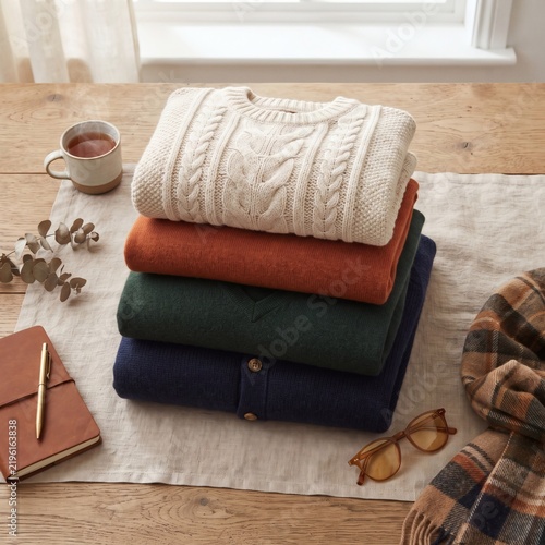 A stack of folded woolen sweaters placed on a wooden table with accessories with neatly folded stack colorful knit sweaters rests linen mat beside steaming mug tea
