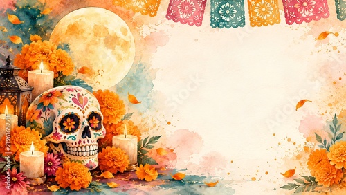 Watercolor Day of the Dead celebration greeting with glowing moonlight - ai generative