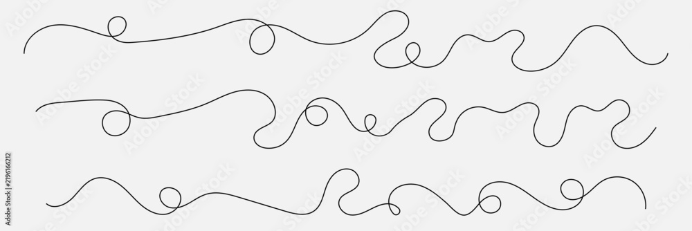 Obraz premium Long wavy thread set. Hand drawn vector swirls and dividers. Curls abstract scribble. Minimal black lines. Simple vintage elements isolated on white background. Vector illustration. Editable stroke . 