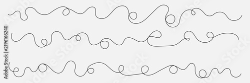 Long wavy thread set. Hand drawn vector swirls and dividers. Curls abstract scribble. Minimal black lines. Simple vintage elements isolated on white background. Vector illustration. Editable stroke . 