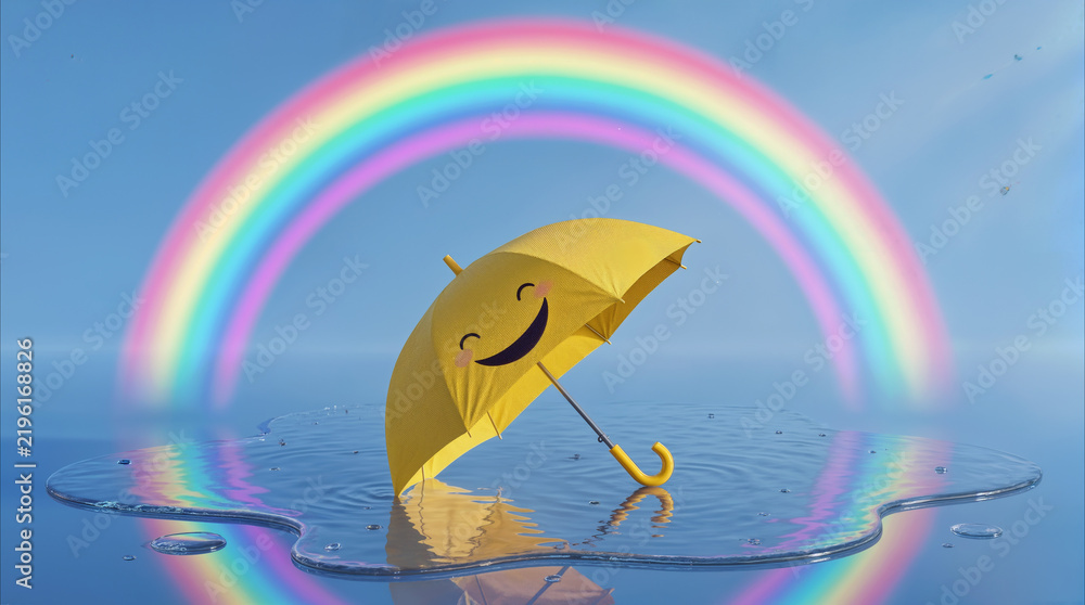 Obraz premium Smiling yellow umbrella floating in puddle under vibrant rainbow. Concept of optimism and positive attitude during rainy weather.