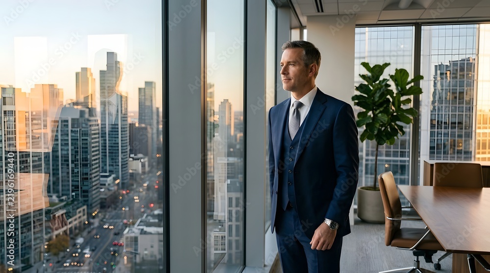 Fototapeta premium A formally dressed man stands near tall office gazing at a sprawling urban skyline bathed in warm golden light from the horizon